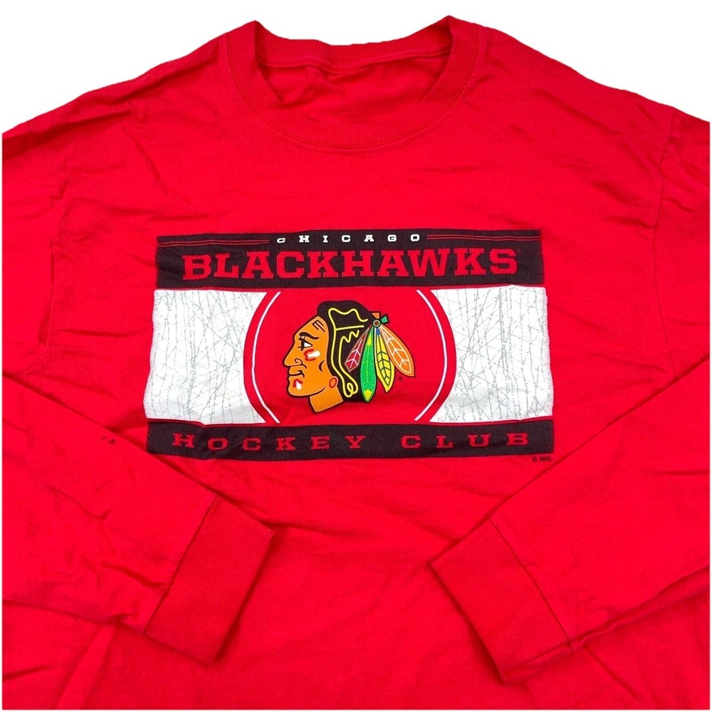 Chicago Blackhawks Shirt Men Large Red Tee Long Sleeve Spell Out Indian Flag BI*